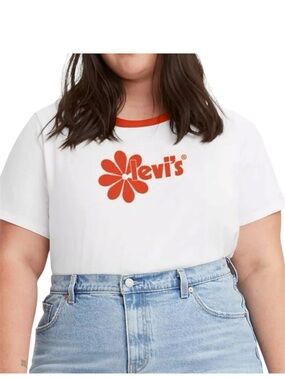 Levi's Graphic Jordie Tee White Orange Daisy Flower Crop Ringer T-Shirt 1X NWT